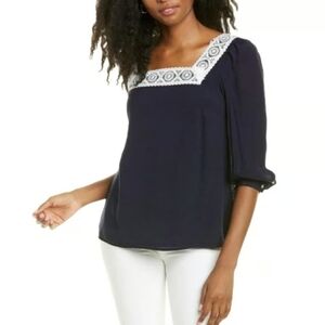 Nanette Lepore XL Lace Trim Peasant Blouse Square Neck Navy Blue Coastal Grandma
